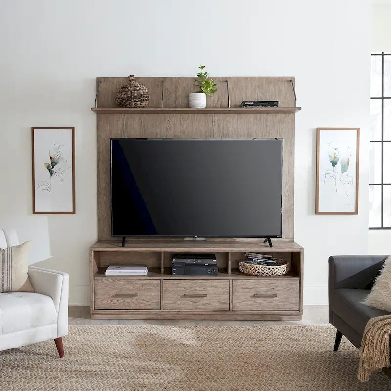 Burnished Beige Entertainment TV Console with Storage Drawers and Floating Deck