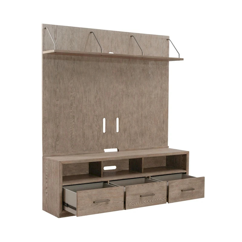Burnished Beige Entertainment TV Console with Storage Drawers and Floating Deck