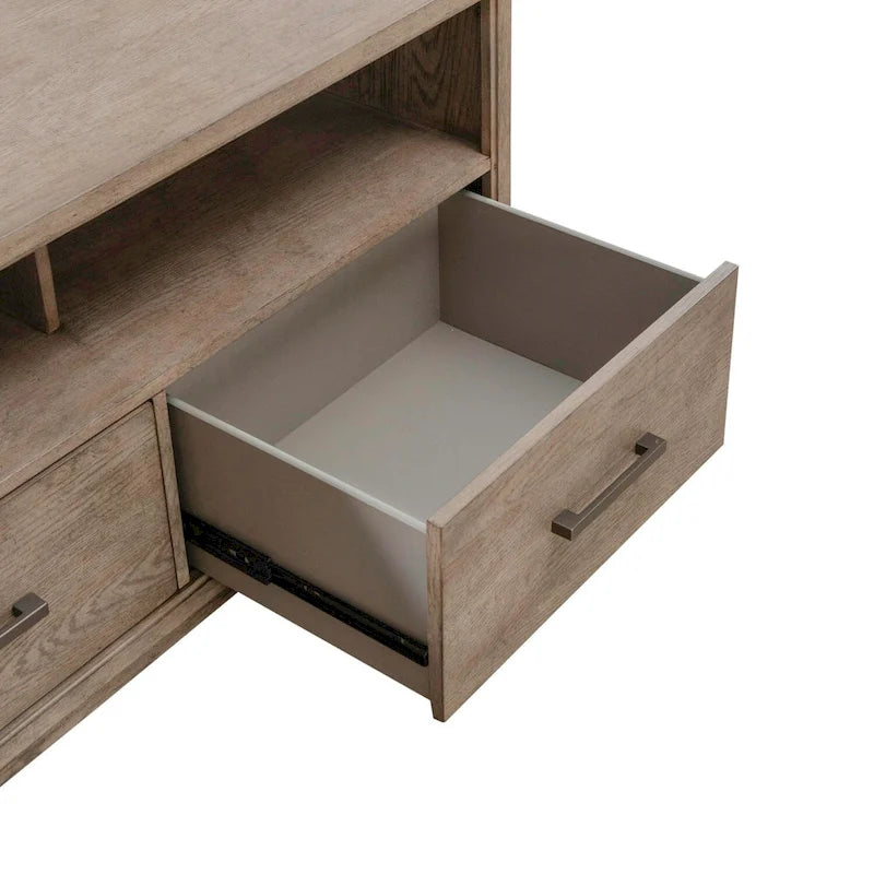 Burnished Beige Entertainment TV Console with Storage Drawers and Floating Deck