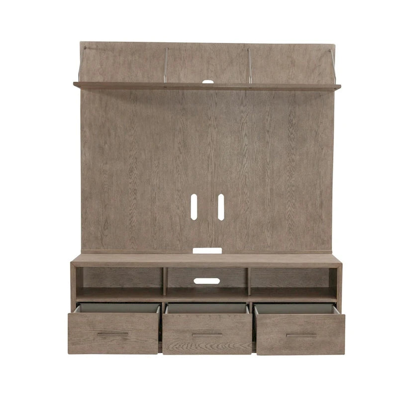 Burnished Beige Entertainment TV Console with Storage Drawers and Floating Deck