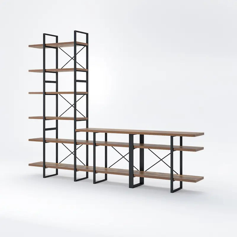 Antique Walnut Color Entertainment Media TV Stand with 6-Tier Bookcase