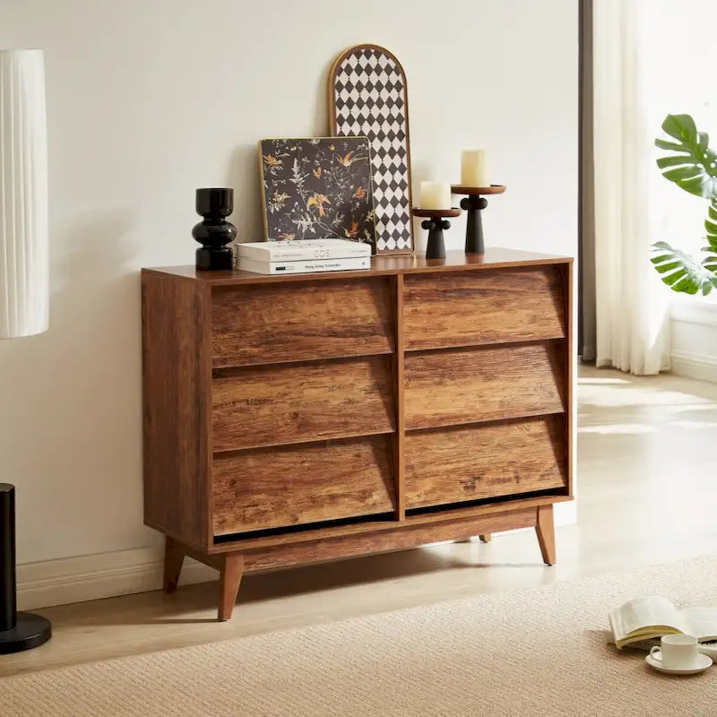 6-Drawer Double Dresser with Vintage Style and Beveled Drawer Fronts in Brown