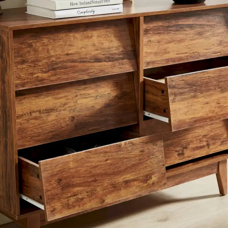 6-Drawer Double Dresser with Vintage Style and Beveled Drawer Fronts in Brown