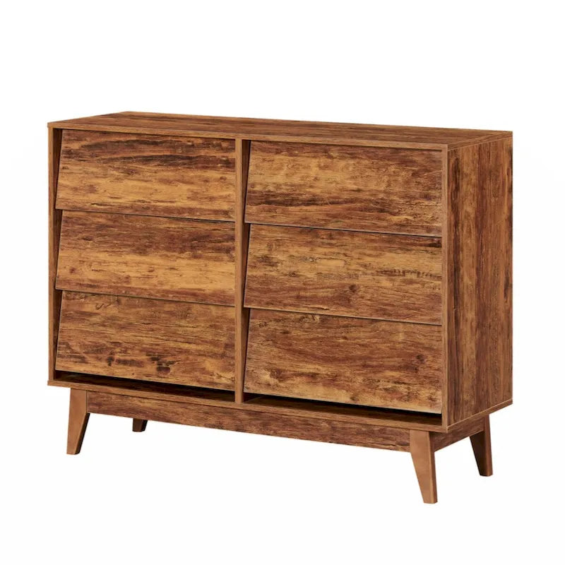 6-Drawer Double Dresser with Vintage Style and Beveled Drawer Fronts in Brown