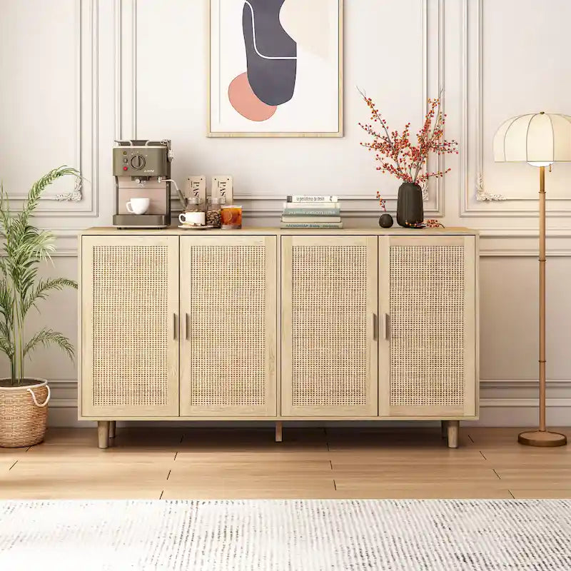4-Door Rattan Decorative Storage Cabinet with Adjustable Shelf