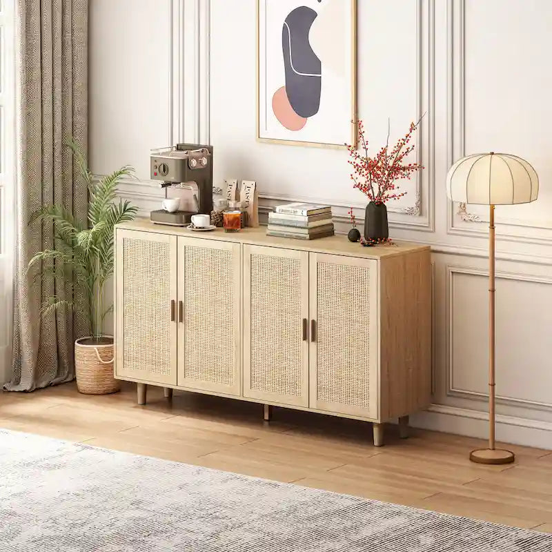 4-Door Rattan Decorative Storage Cabinet with Adjustable Shelf