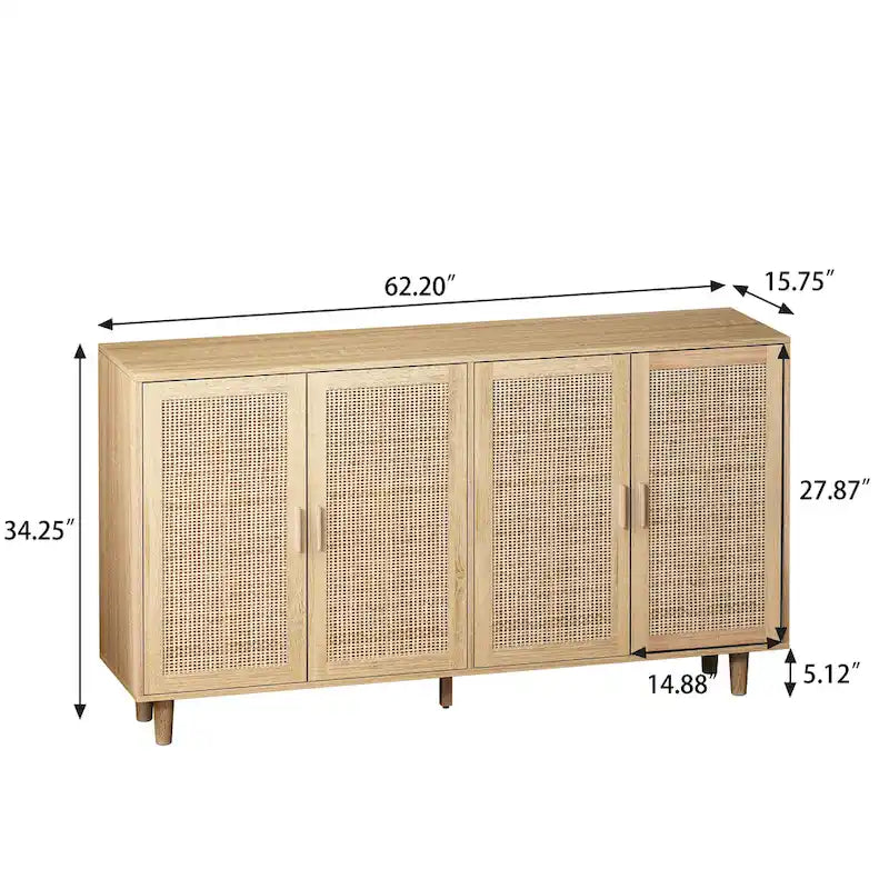 4-Door Rattan Decorative Storage Cabinet with Adjustable Shelf