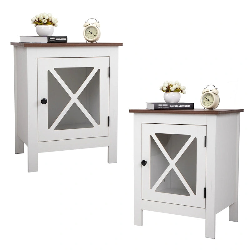Industrial Nightstand Bedside End Table with Glass Door