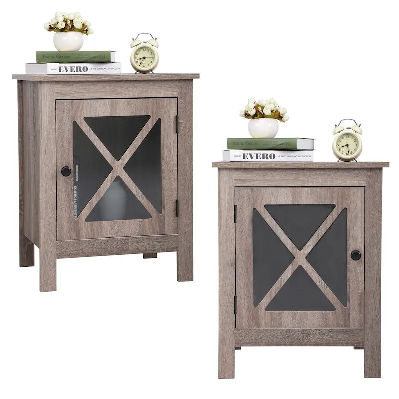 Industrial Nightstand Bedside End Table with Glass Door