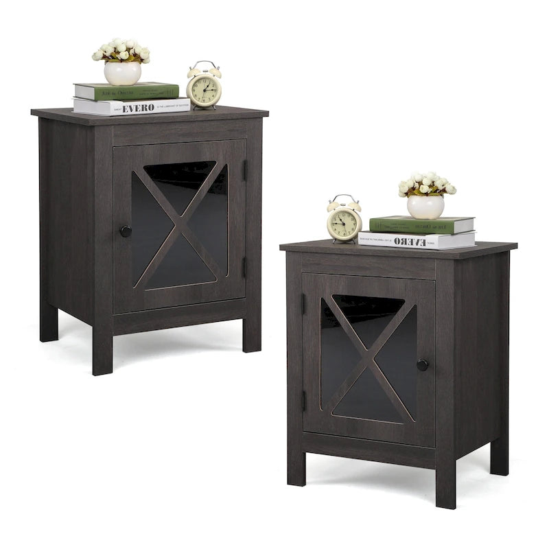 Industrial Nightstand Bedside End Table with Glass Door