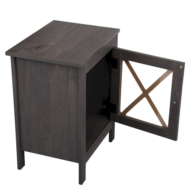 Industrial Nightstand Bedside End Table with Glass Door