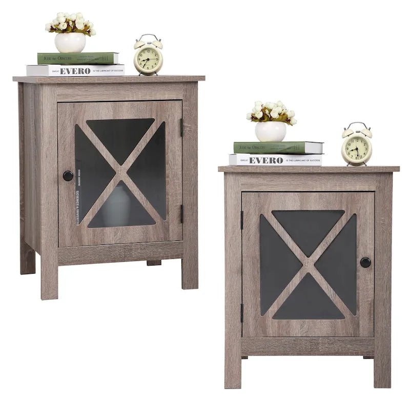 Industrial Nightstand Bedside End Table with Glass Door