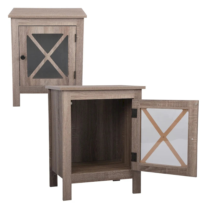 Industrial Nightstand Bedside End Table with Glass Door