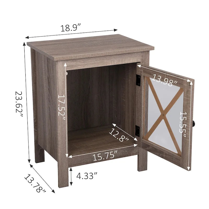 Industrial Nightstand Bedside End Table with Glass Door