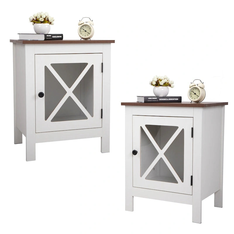 Industrial Nightstand Bedside End Table with Glass Door