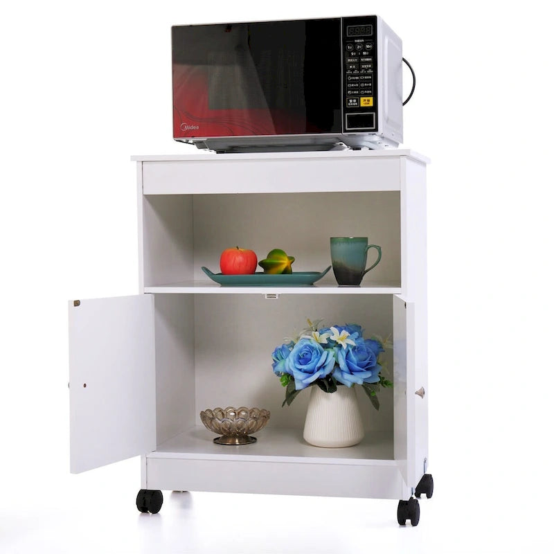 White Microwave Storage Cabinet with Universal Wheels