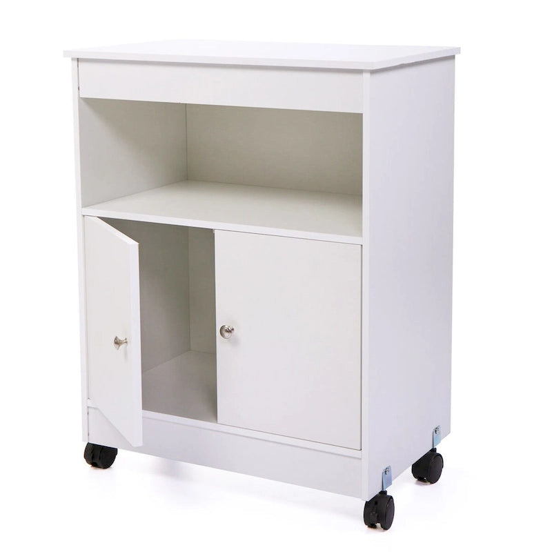 White Microwave Storage Cabinet with Universal Wheels