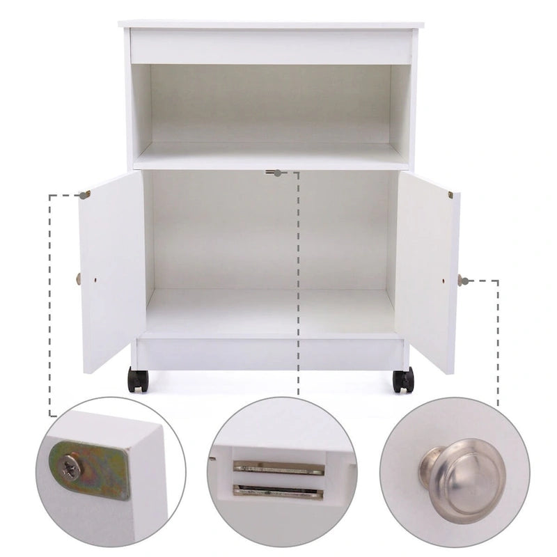 White Microwave Storage Cabinet with Universal Wheels