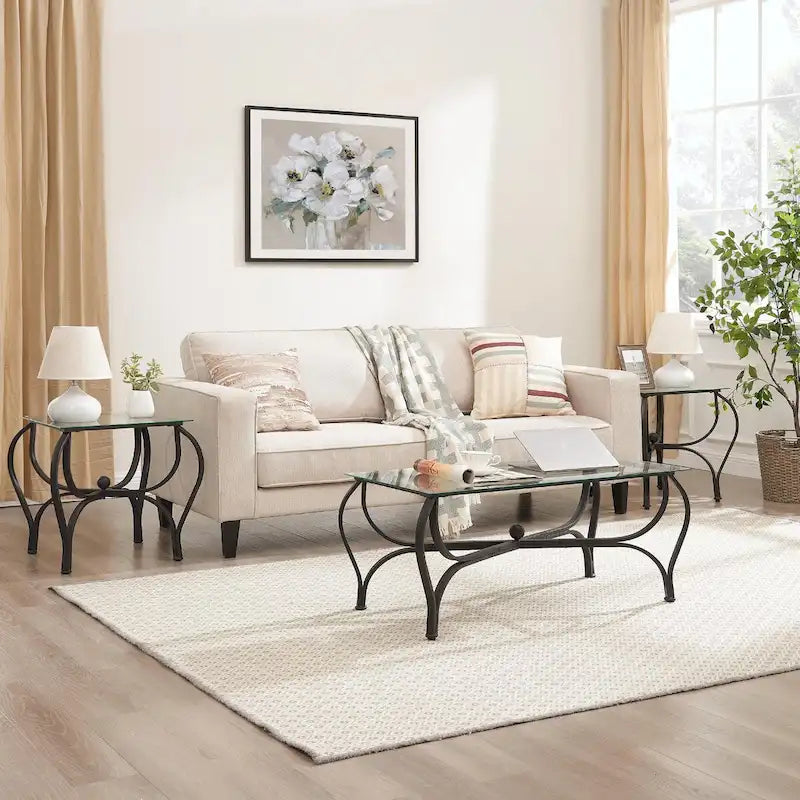 Tempered Glass Top Coffee Table with Black Curved Metal Frame