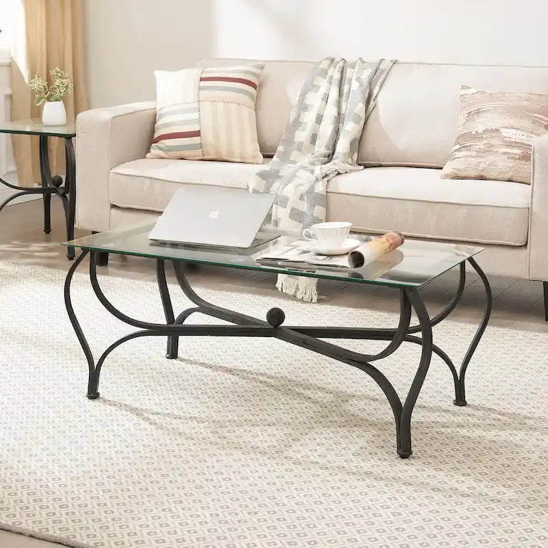 Tempered Glass Top Coffee Table with Black Curved Metal Frame
