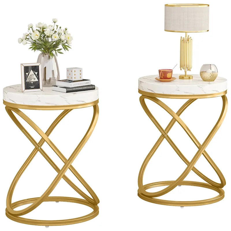 Round End Side Table with Metal Frame for Living Room