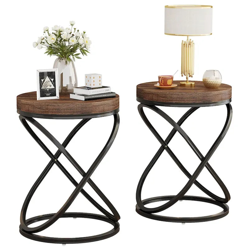 Round End Side Table with Metal Frame for Living Room