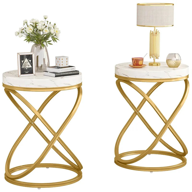 Round End Side Table with Metal Frame for Living Room