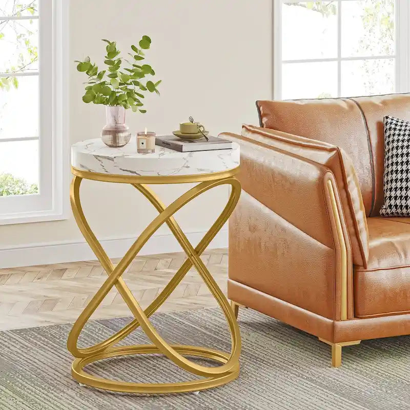 Round End Side Table with Metal Frame for Living Room
