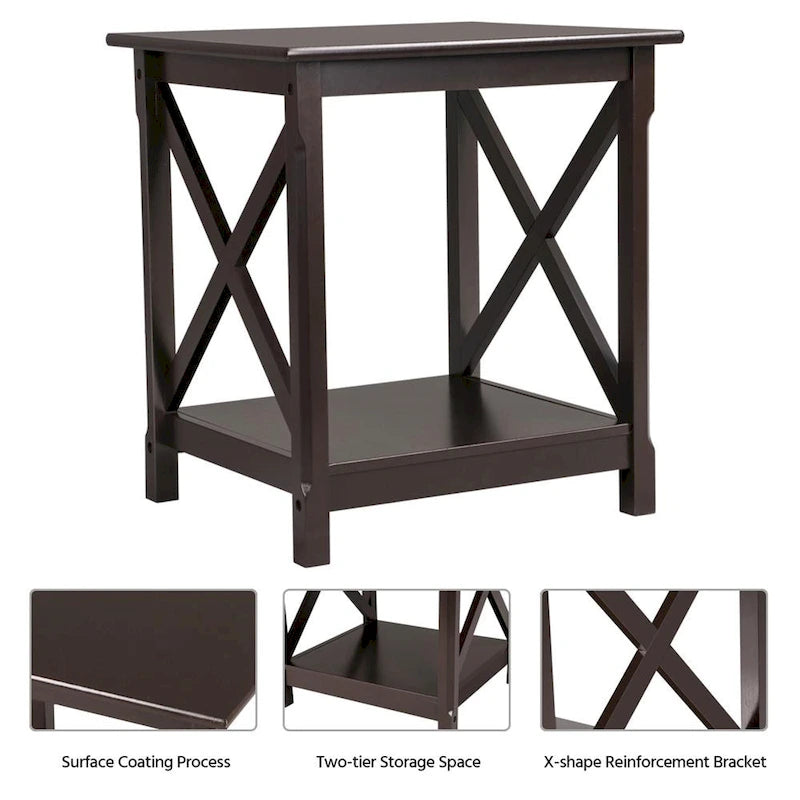 X Design Wood Coffee Side End Table with Storage Shelf