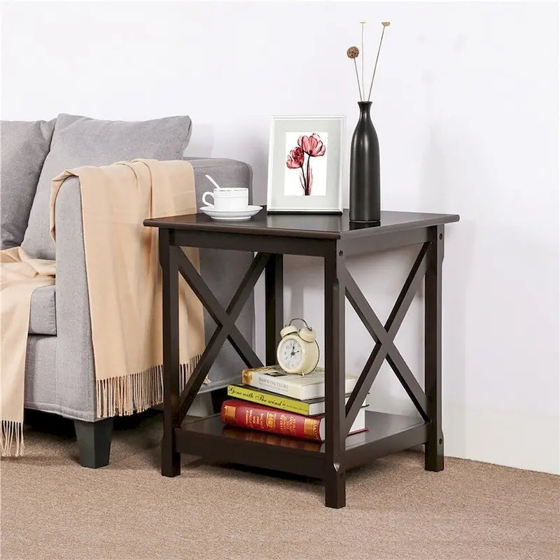 X Design Wood Coffee Side End Table with Storage Shelf