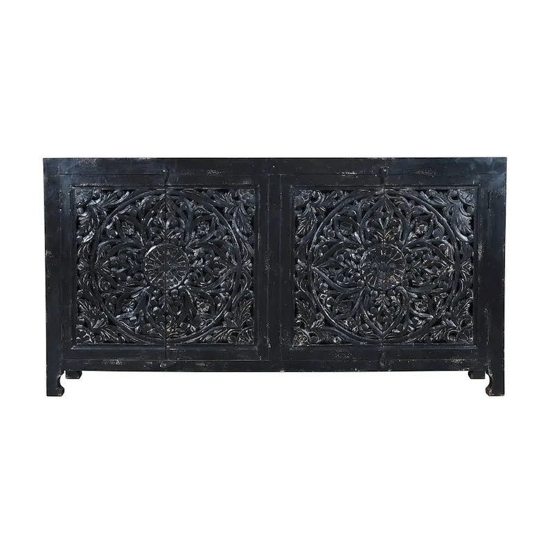 Black Hand Carved 4 Door Sideboard Cabinet