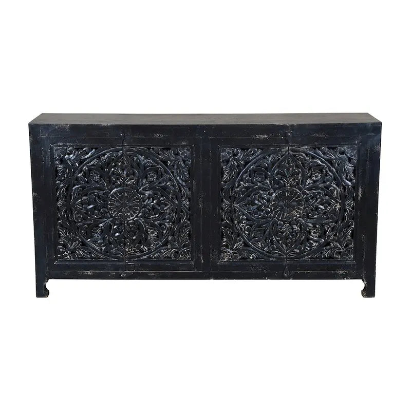 Black Hand Carved 4 Door Sideboard Cabinet