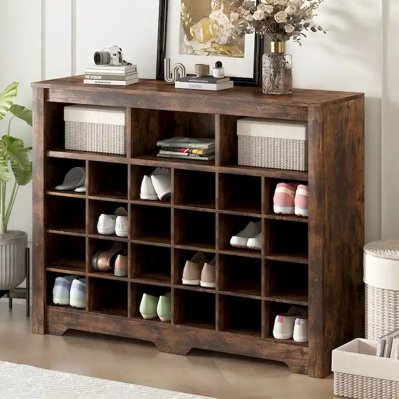 24 Shoe Cubby Console Shoe Cabinet with Curved Base Versatile Sideboard for Hallway Bedroom Living Room