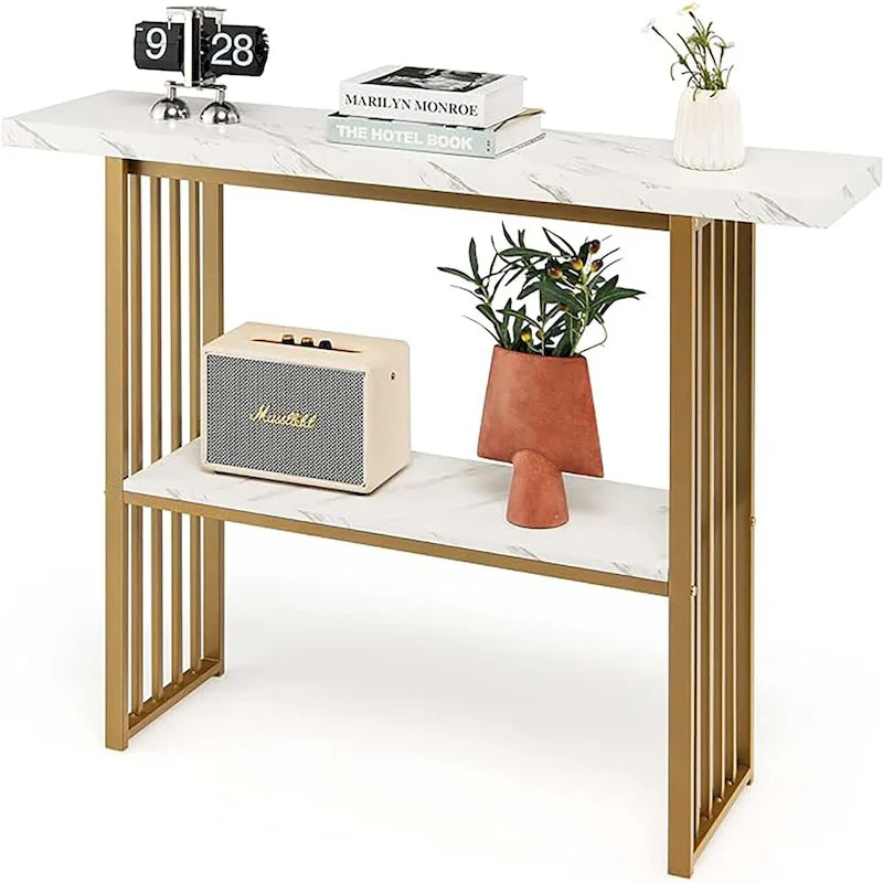 48 in 2-Tier Narrow Console Table with Faux Marble Shelves Gold Frame