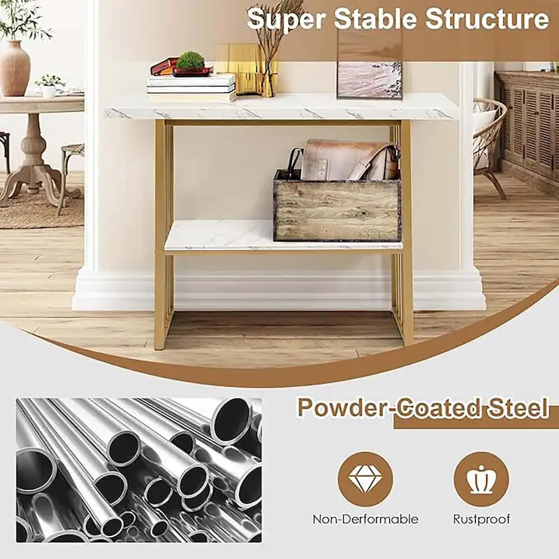 48 in 2-Tier Narrow Console Table with Faux Marble Shelves Gold Frame
