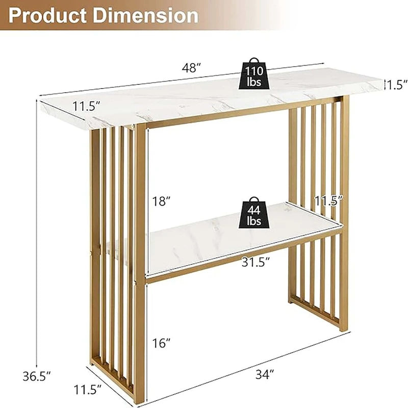 48 in 2-Tier Narrow Console Table with Faux Marble Shelves Gold Frame