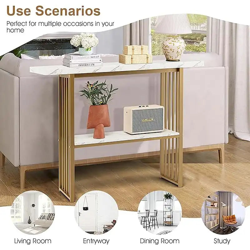 48 in 2-Tier Narrow Console Table with Faux Marble Shelves Gold Frame