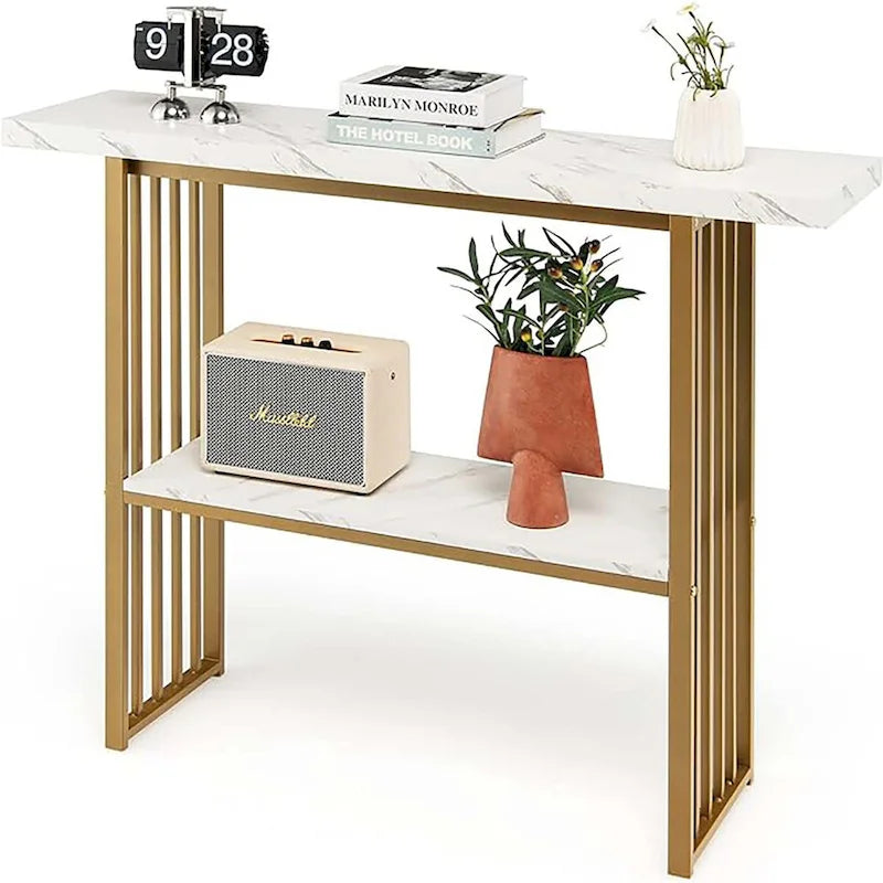48 in 2-Tier Narrow Console Table with Faux Marble Shelves Gold Frame
