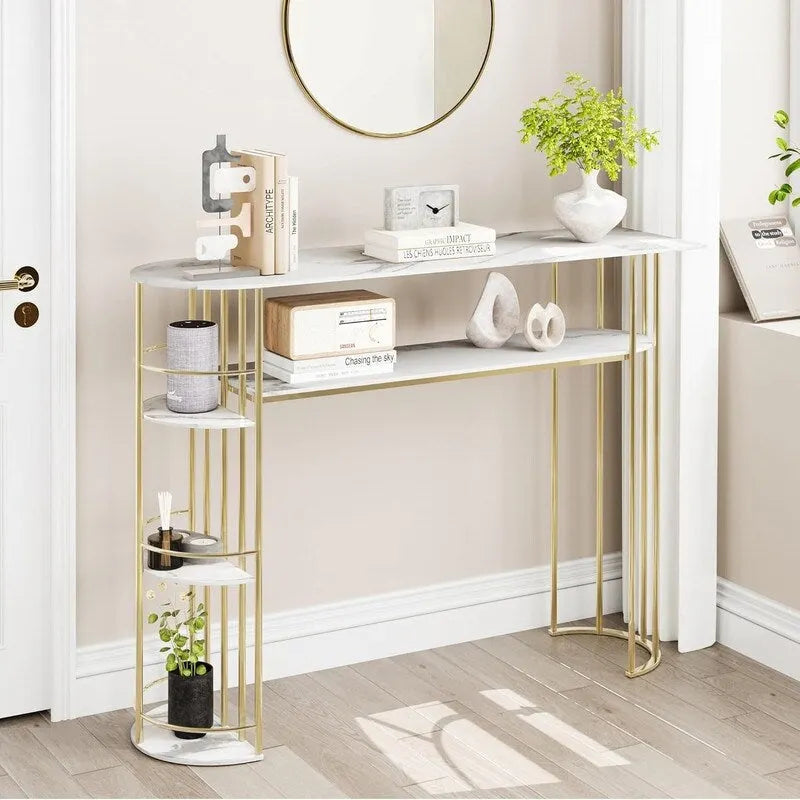 Console Table Gold Narrow Entryway Table with Storage and Shelves