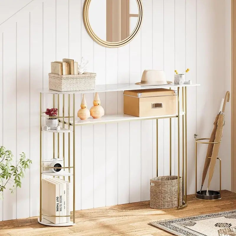 Console Table Gold Narrow Entryway Table with Storage and Shelves