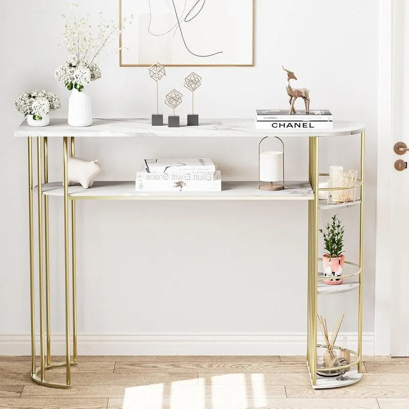 Console Table Gold Narrow Entryway Table with Storage and Shelves